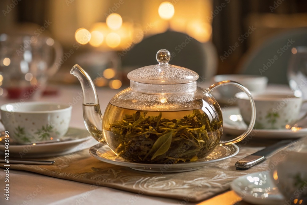 Glass teapot with freshly brewed herbal tea, set on an elegant table with soft golden lighting Glass teapot with freshly brewed herbal tea, set on an elegant table with soft golden lighting