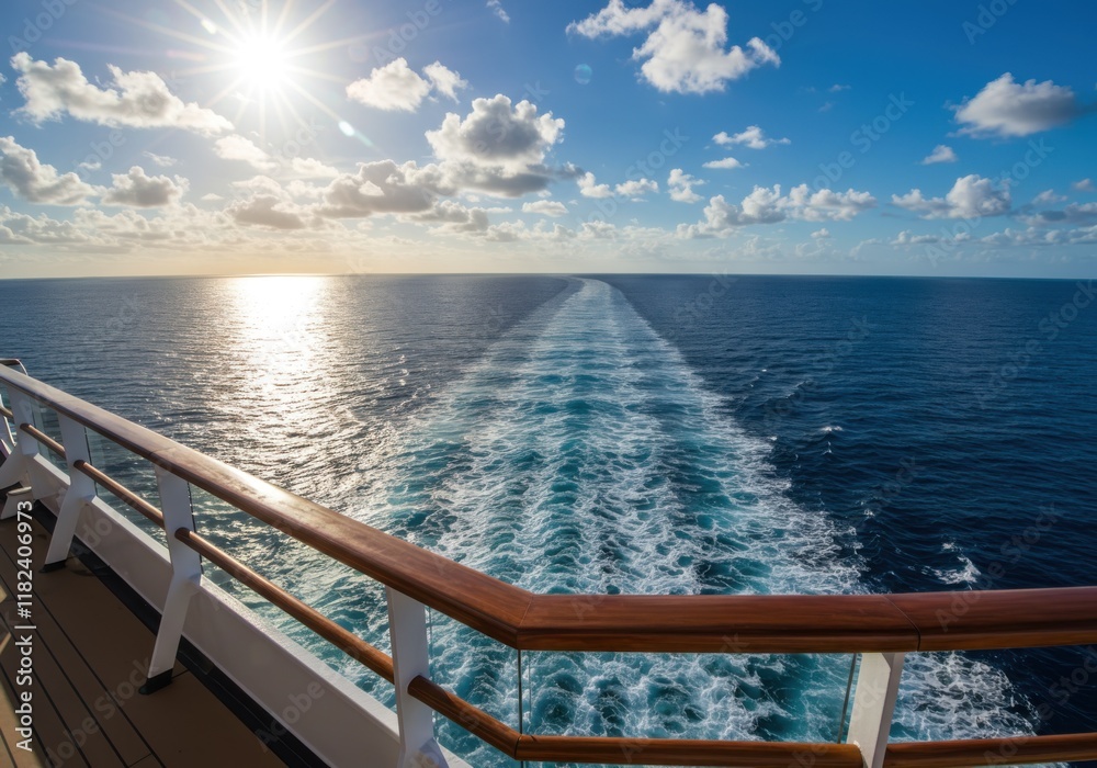 Ocean view, cruise ship wake, sunburst on horizon, blue sky, fluffy clouds, railing perspective, tranquil seascape, vacation atmosphere, expansive ocean, shimmering water, sunset cruise, maritime jour