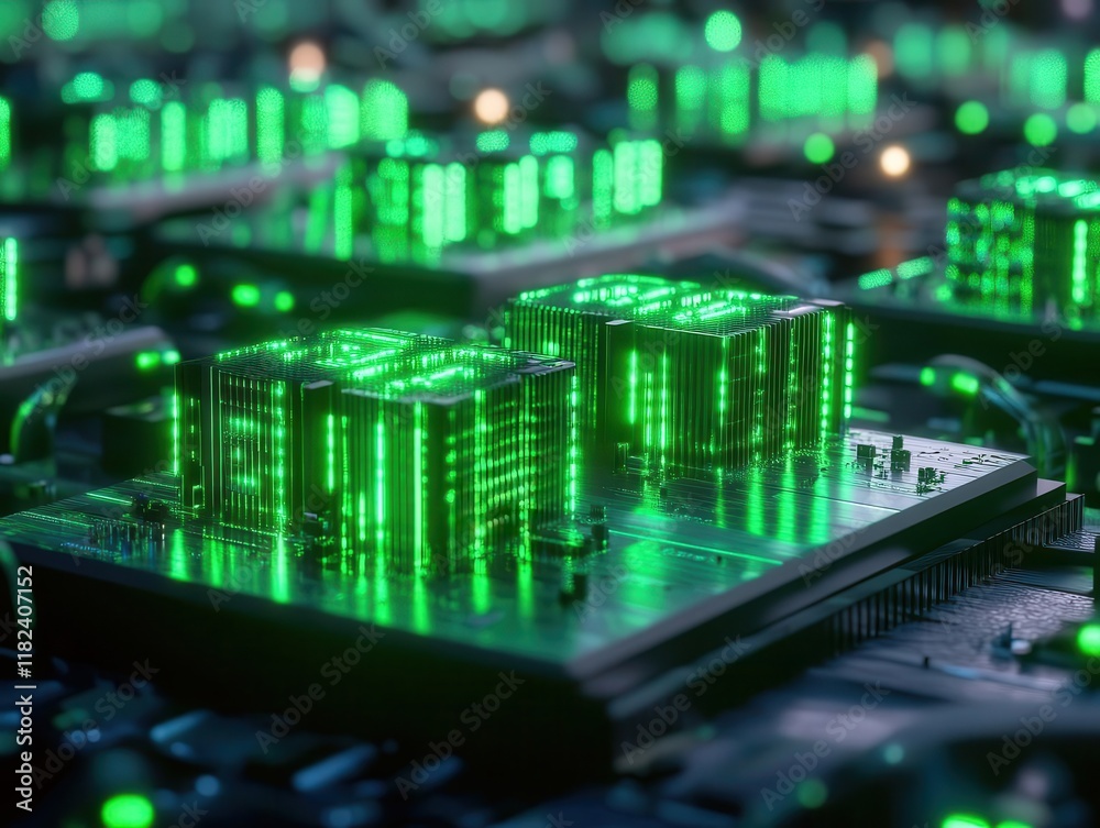 Obraz premium digital cryptocurrency mining farm with glowing circuit boards and binary code matrix, futuristic technology network visualization banner