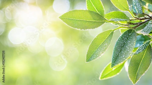 Vibrant Green Leaves with Dew Drops in Sunlight