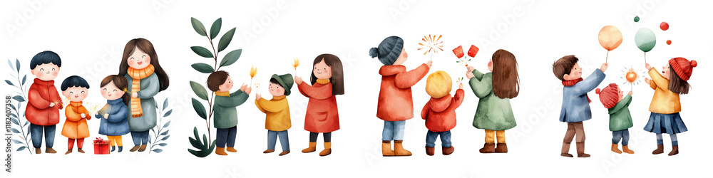 Happy Children Celebrating with Firecrackers and Balloons Happy Children Celebrating with Firecrackers and Balloons