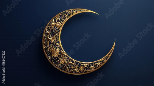 luxurious gold crescent moon design with intricate islamic patterns and ornamental details for eid celebration on rich deep blue background