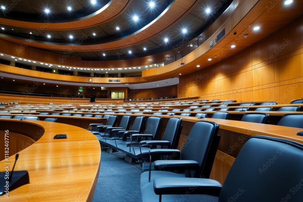 Fototapeta premium Curved wooden auditorium with rows of chairs.