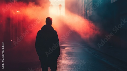silhouette of a man standing in a misty street with red and orange dramatic lighting during sunset
