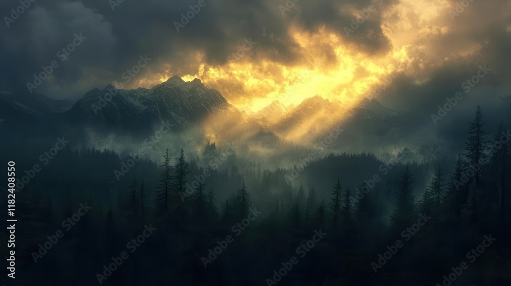 Fototapeta premium majestic mountain forest landscape with golden sunbeams breaking through dramatic storm clouds during vibrant sunset hour