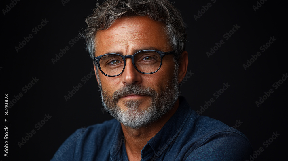 Charismatic, masculine man with glasses and beard, middle-aged, black background Charismatic, masculine man with glasses and beard, middle-aged, black background