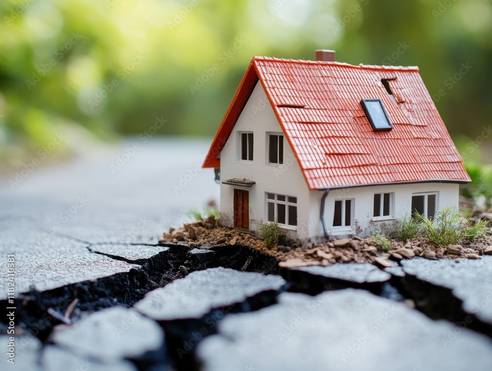 custom made wallpaper toronto digitalMiniature house on cracked road, symbolizing land subsidence or earthquake damage.