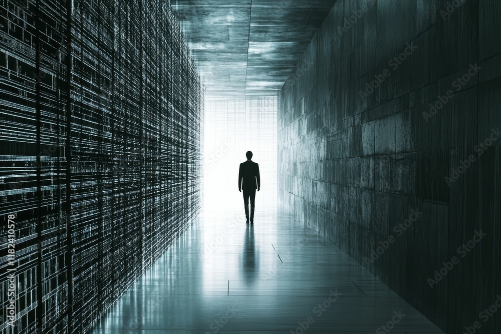 Fototapeta premium Person walks toward light in data-filled corridor.
