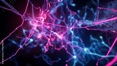 Abstract Neon Network: A mesmerizing digital artwork depicting a vibrant, interconnected network of glowing pink and blue lines, resembling neural pathways or energy streams.