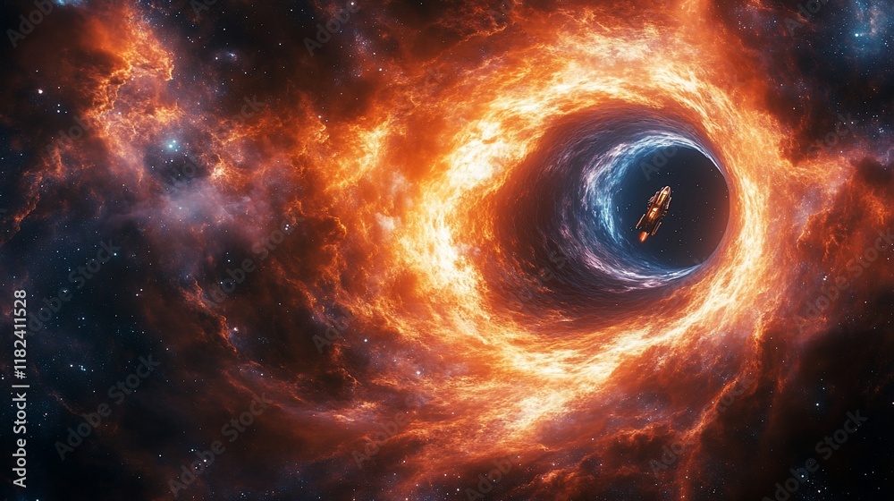 Spaceship Navigating Fiery Cosmic Nebula Wormhole Spaceship Navigating Fiery Cosmic Nebula Wormhole