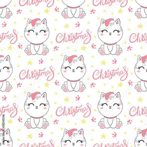 Wallpaper Mural Cute kawaii little cat. Seamless pattern. Cartoon funny kitty, animals character. Hand drawn style. Vector drawing. Design ornaments. Torontodigital.ca