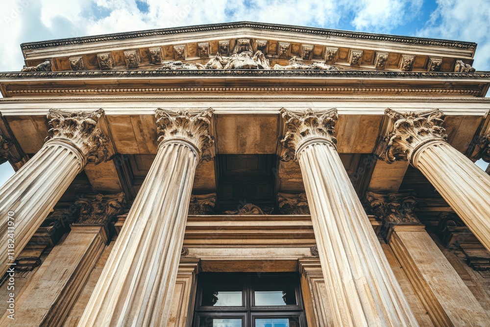 Fototapeta premium Classical building facade, three large columns, ornate details.