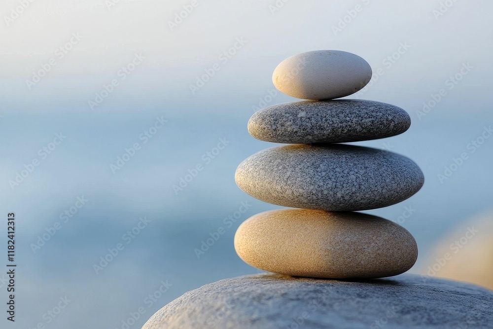 Balanced stones, serene ocean backdrop. Balanced stones, serene ocean backdrop.