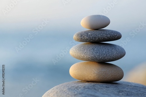 Balanced stones, serene ocean backdrop.