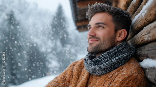 Generated image A man alone admire the winter landscape before him. He is serene and admiring.