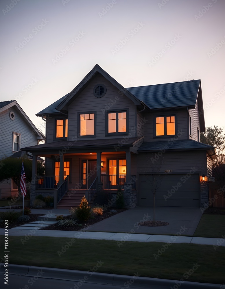 American Suburban Home at Sunset with Warmly Lit Windows and Driveway