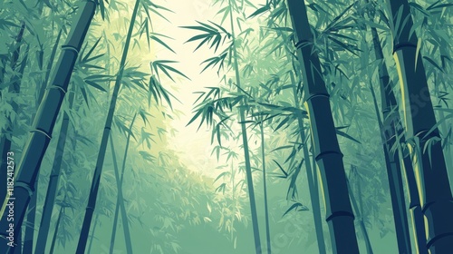 Tranquil bamboo forest illustration nature digital art serene environment minimalist viewpoint layered depth concept