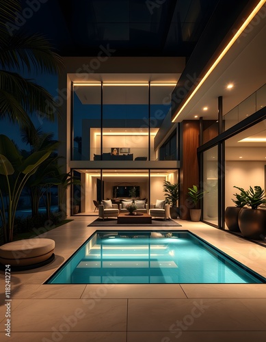 Modern Luxury House With Illuminated Poolside at Night