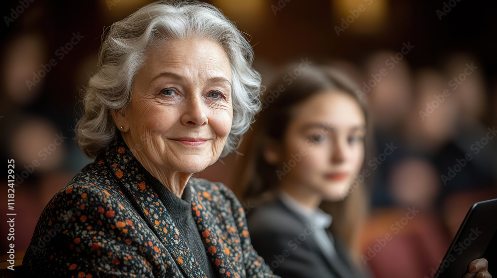 Smiling senior woman in an academic setting with a young student in the background. Generated with AI. Smiling senior woman in an academic setting with a young student in the background. Generated with AI.