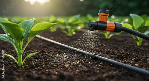 Efficient drip irrigation system enhancing vegetable plant growth in a sunlit garden