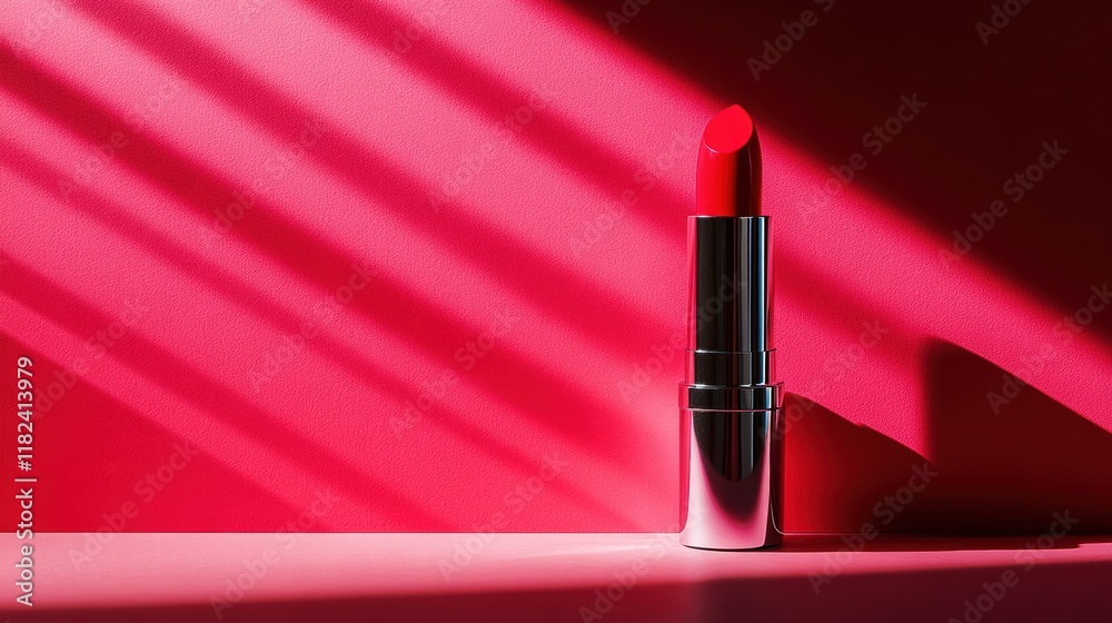 Obraz premium Stunning Red Lipstick Standing Against Vibrant Background with Striking Light and Shadow Play, Perfect for Beauty and Cosmetic Promotions