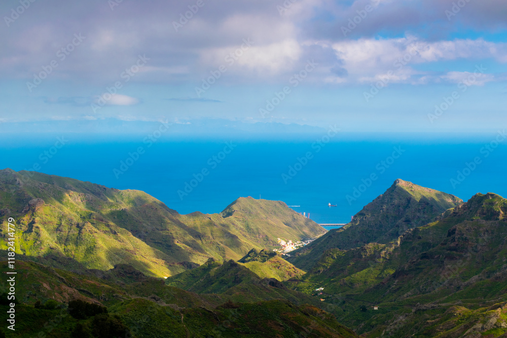 Naklejka premium North Tenerife Scenic Landscape, with Mountains, Green Valleys and Clouds, View of Anaga Rural Park, Tenerife, Canary Island, Spain