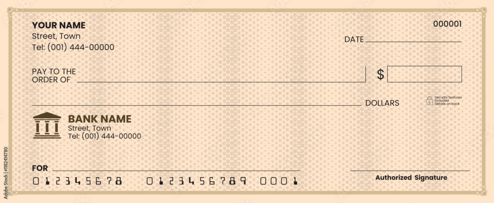 Fototapeta premium Blank check template, bank cheque vector, customizable design, printable layout, financial document illustration.
