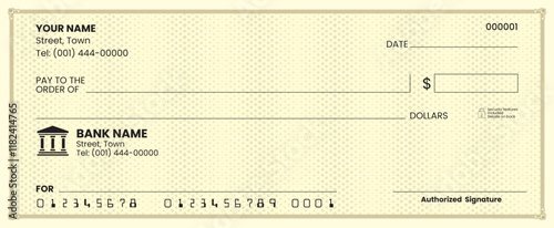 
Blank check template, bank cheque vector, customizable design, printable layout, financial document illustration.