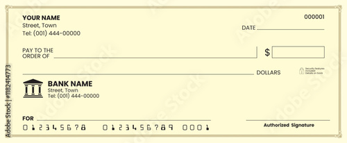 
Blank check template, bank cheque vector, customizable design, printable layout, financial document illustration.