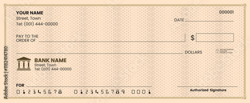 
Blank check template, bank cheque vector, customizable design, printable layout, financial document illustration.
