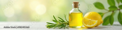 Glass bottle of lemon oil with a sprig of rosemary nearby, yellow liquid, fragrance