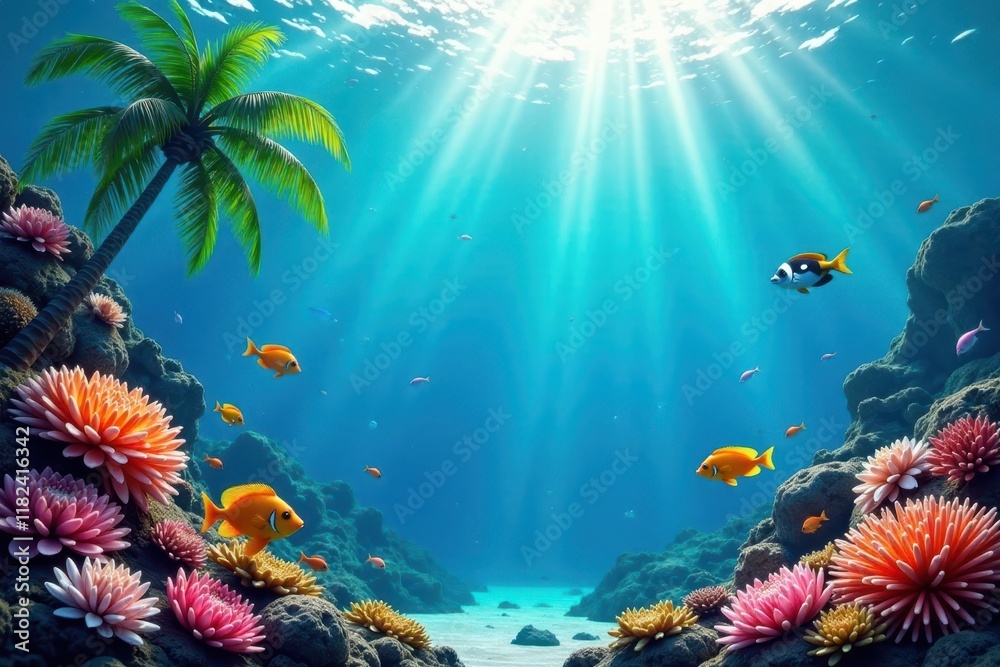 Naklejka premium Tropical sea scenery with diverse marine life, fish, tropical, coral