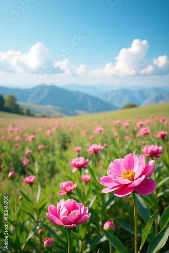 Desolate landscape with isolated pink peony flowers, botanical, nature