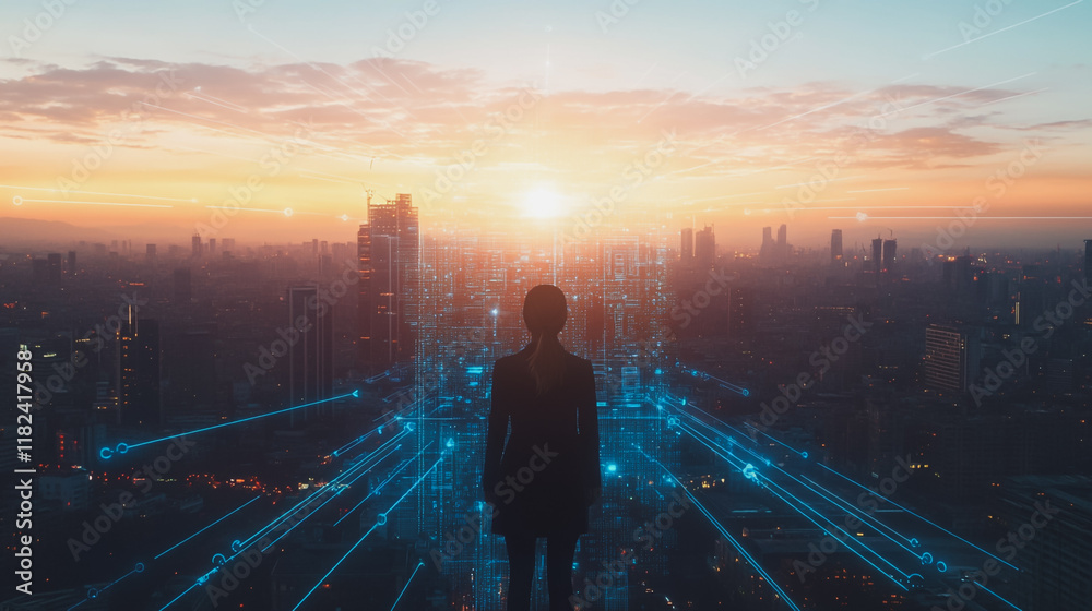 Abstract business woman stands on the peak of success amid tall, innovative Smart city and graphs with statistics to analyze business potential and predict future developments in company growth. Abstract business woman stands on the peak of success amid tall, innovative Smart city and graphs with statistics to analyze business potential and predict future developments in company growth.