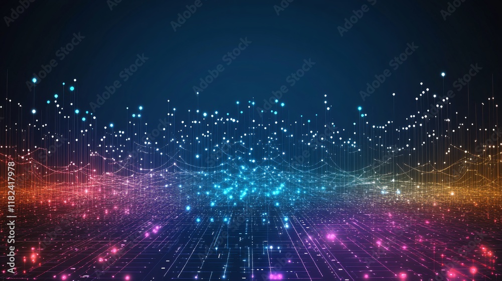 Obraz premium Abstract Digital Landscape Neon Lights Network Data Visualization