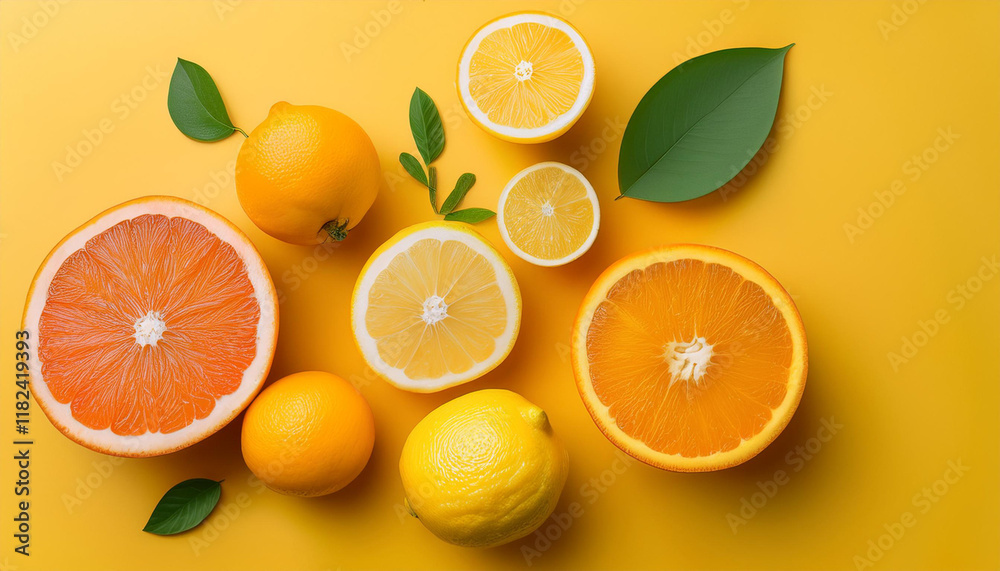 citrus fruit meals orange and lemon form of vitamin c flat lay on yellow history citrus fruit meals orange and lemon form of vitamin c flat lay on yellow history