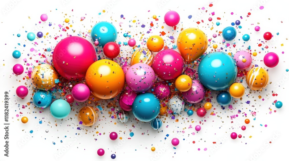 Vibrant colorful balls and confetti create a festive celebratory atmosphere. Ideal for party invitations, birthday cards, or social media graphics. Vibrant colorful balls and confetti create a festive celebratory atmosphere. Ideal for party invitations, birthday cards, or social media graphics.