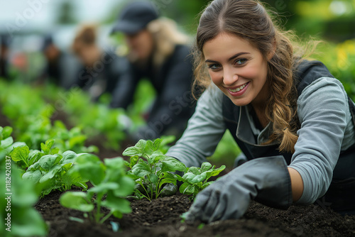 Happy Gardener: A smiling young woman tends to her flourishing vegetable garden, her passion for growing fresh, organic food evident in her joyful expression, surrounded by a supportive community.   photo