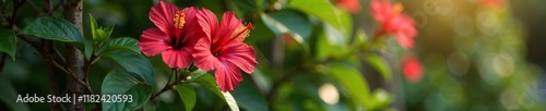 Delicate red hibiscus flowers blooming on a trellis, hibiscus, nature, ornamental plant