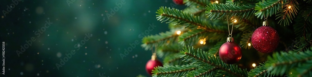 Fir tree decorated with ornaments on its branches, , Fir tree branches Fir tree decorated with ornaments on its branches, , Fir tree branches