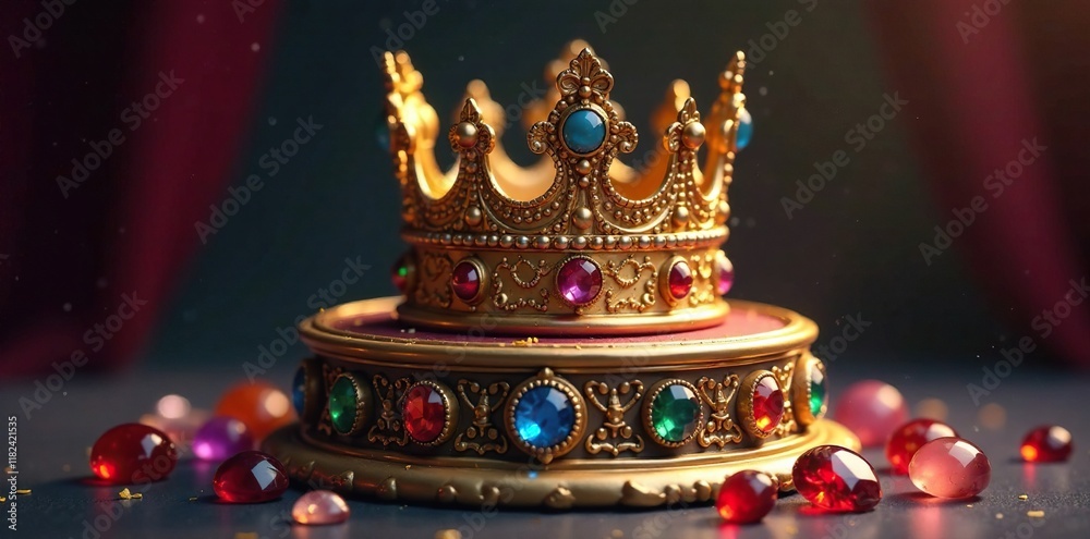 Obraz premium Ornate pedestal with golden crown and surrounding gemstones, majestic, ornate, kingship
