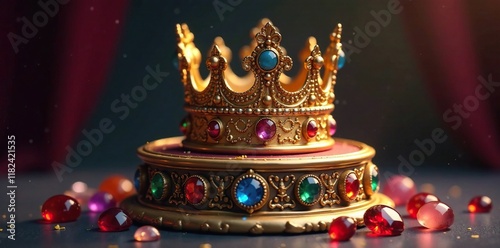 Ornate pedestal with golden crown and surrounding gemstones, majestic, ornate, kingship