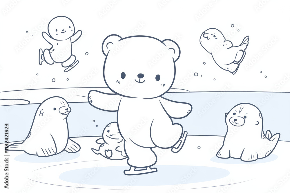 Obraz premium playful polar bear ice skating with cheerful seals in whimsical scene