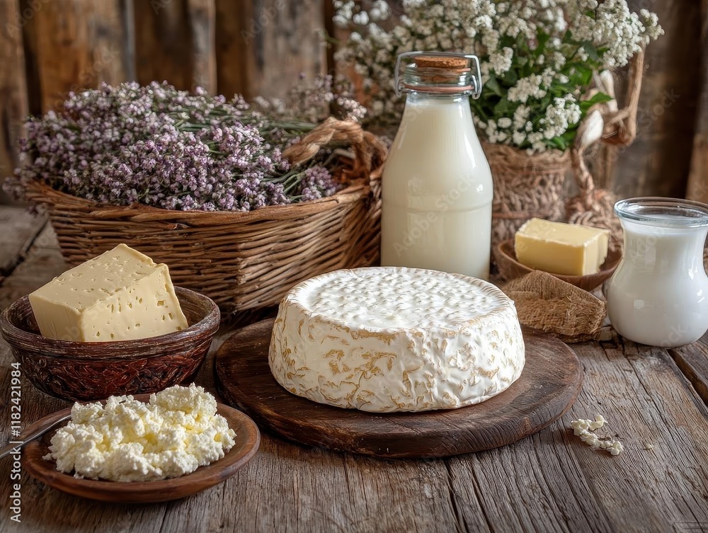 farm fresh dairy products composition with artisanal cheese, organic milk bottles, natural yogurt, fresh cream and local butter on rustic wooden table farm fresh dairy products composition with artisanal cheese, organic milk bottles, natural yogurt, fresh cream and local butter on rustic wooden table