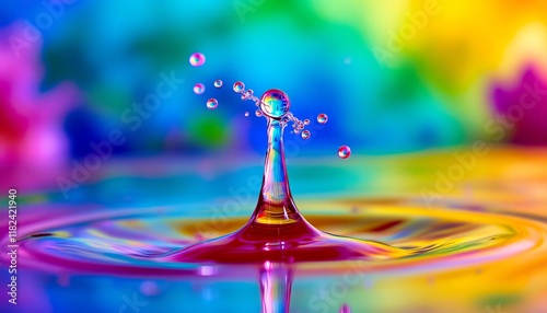 Vibrant water droplet collision creating colorful ripples and crown splash. A mesmerizing display of color and motion.