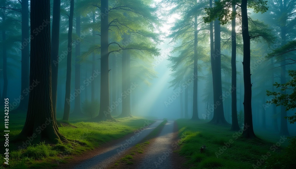 Fototapeta premium Sunbeams pierce the misty forest, illuminating a path through tall trees. Serene and magical atmosphere.