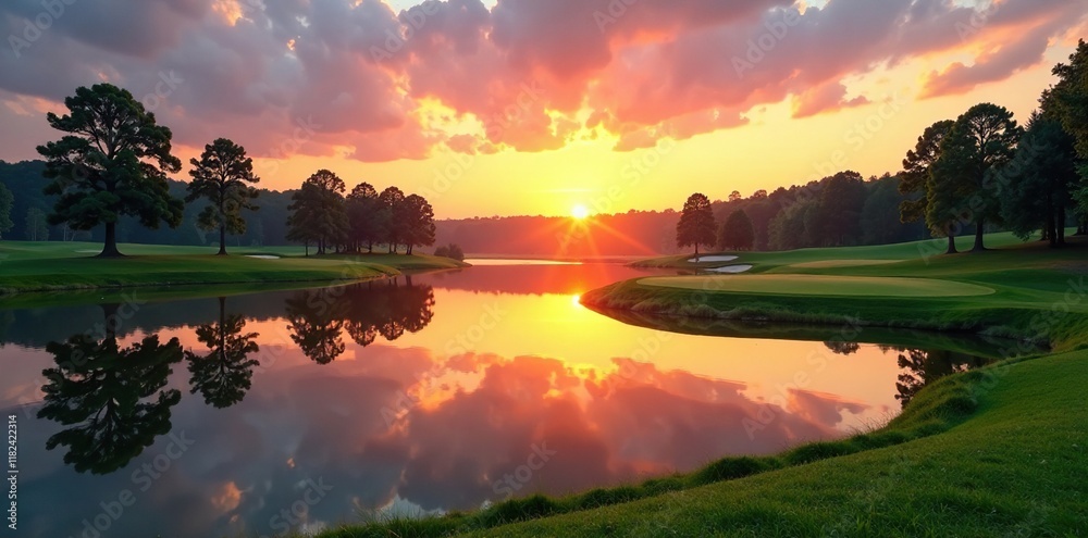 Fototapeta premium Serene lake reflected in a golf course at sunrise, serene lakeside, peaceful