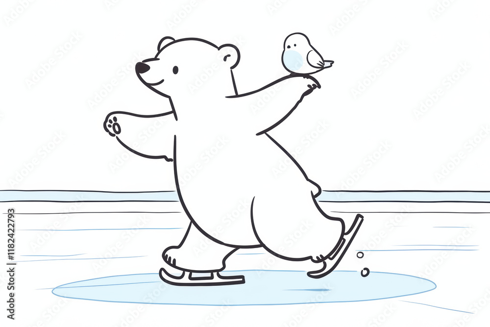 playful polar bear ice skating with bird on its paw, spreading joy playful polar bear ice skating with bird on its paw, spreading joy