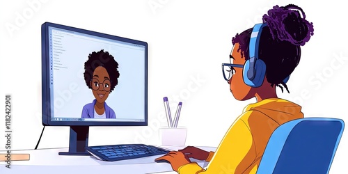 manga young african american student taking online class with video call, teacher on monitor,  photo