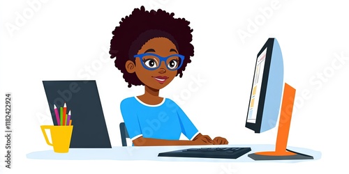 manga young african american student taking online class with video call, teacher on monitor,  photo